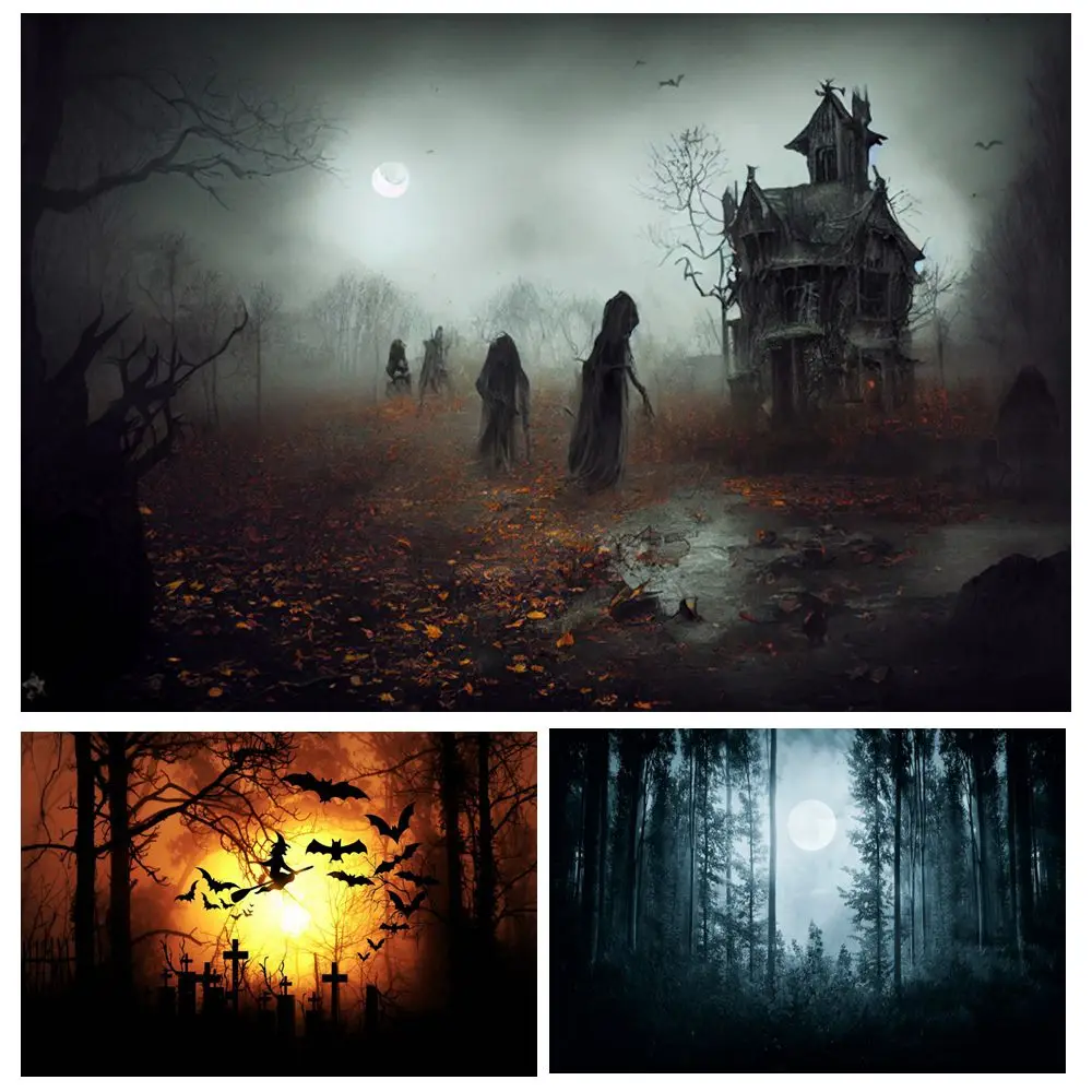 

Horror Misty Forest Backdrop Halloween Decoration Suburban Cemetery Foggy Forest Moon Halloween Party Photography Background