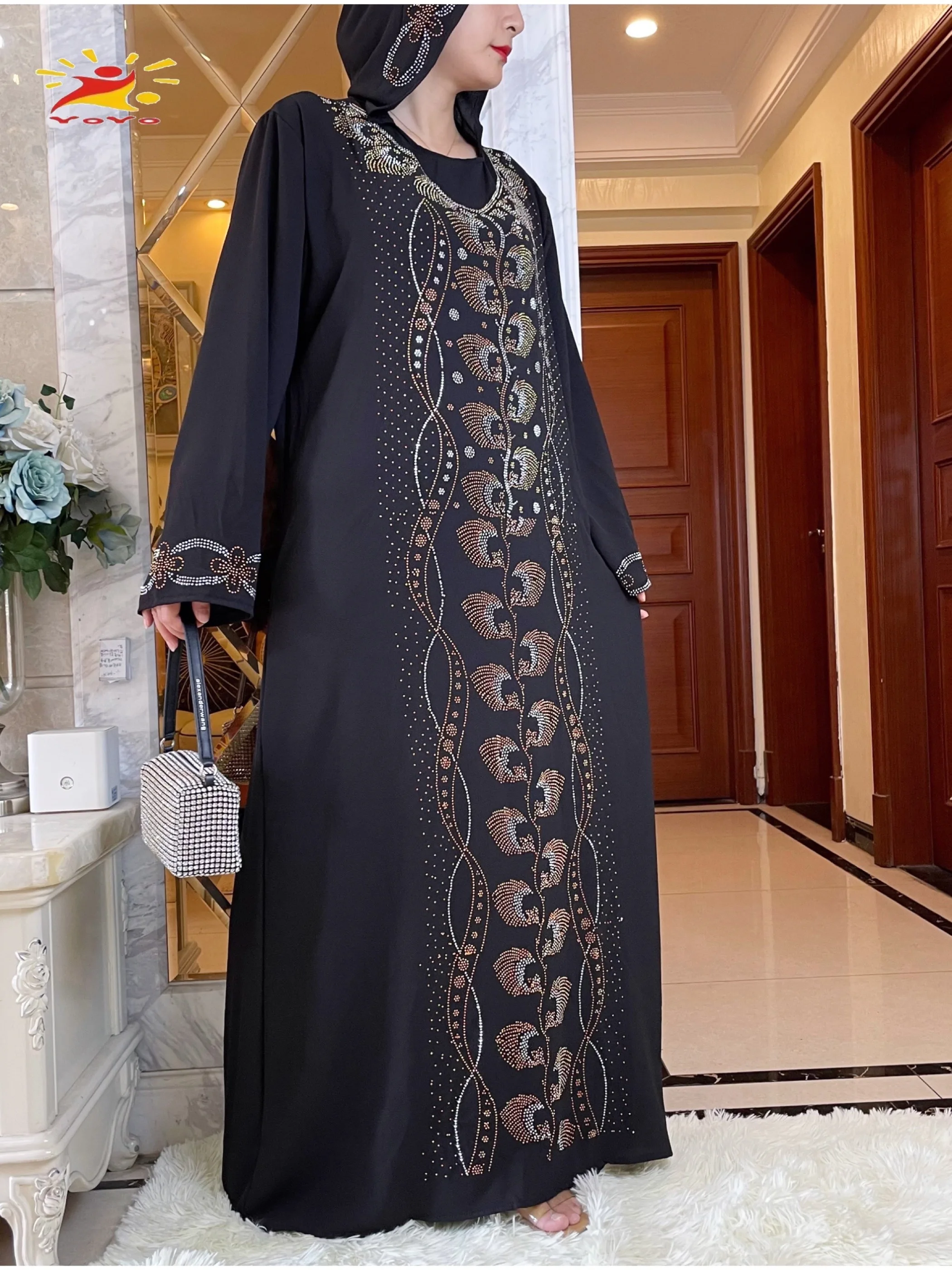 Abaya Muslim Maxi Long SleeveDress With Cap Women Diamond Arab Dubai Islamic Clothing Autumn New Loose Casual Turkey Kimono