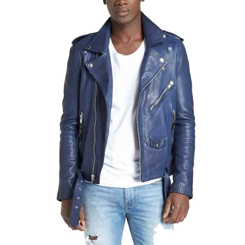 

Men's Genuine Lambskin Leather Jacket Blue Slim Fit Motorcycle Biker Jacket