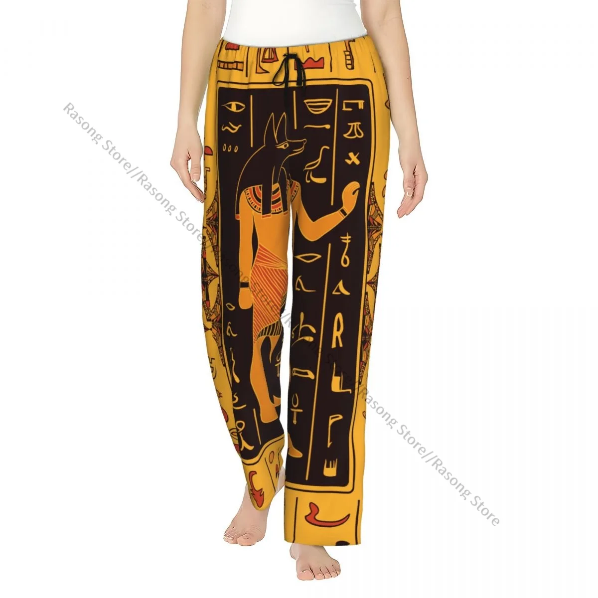 

Retro Egyptian Gods And Ancient Egyptian Hieroglyphs Illustration Women Sleep Pants Warm Flannel Lounge Pants for Winter Nights