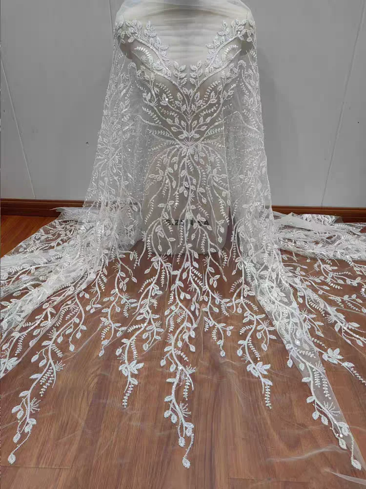 

Роскошная тяжелая кружевная ткань с вышивкой листьев и блестящими пайетками для свадебного платья