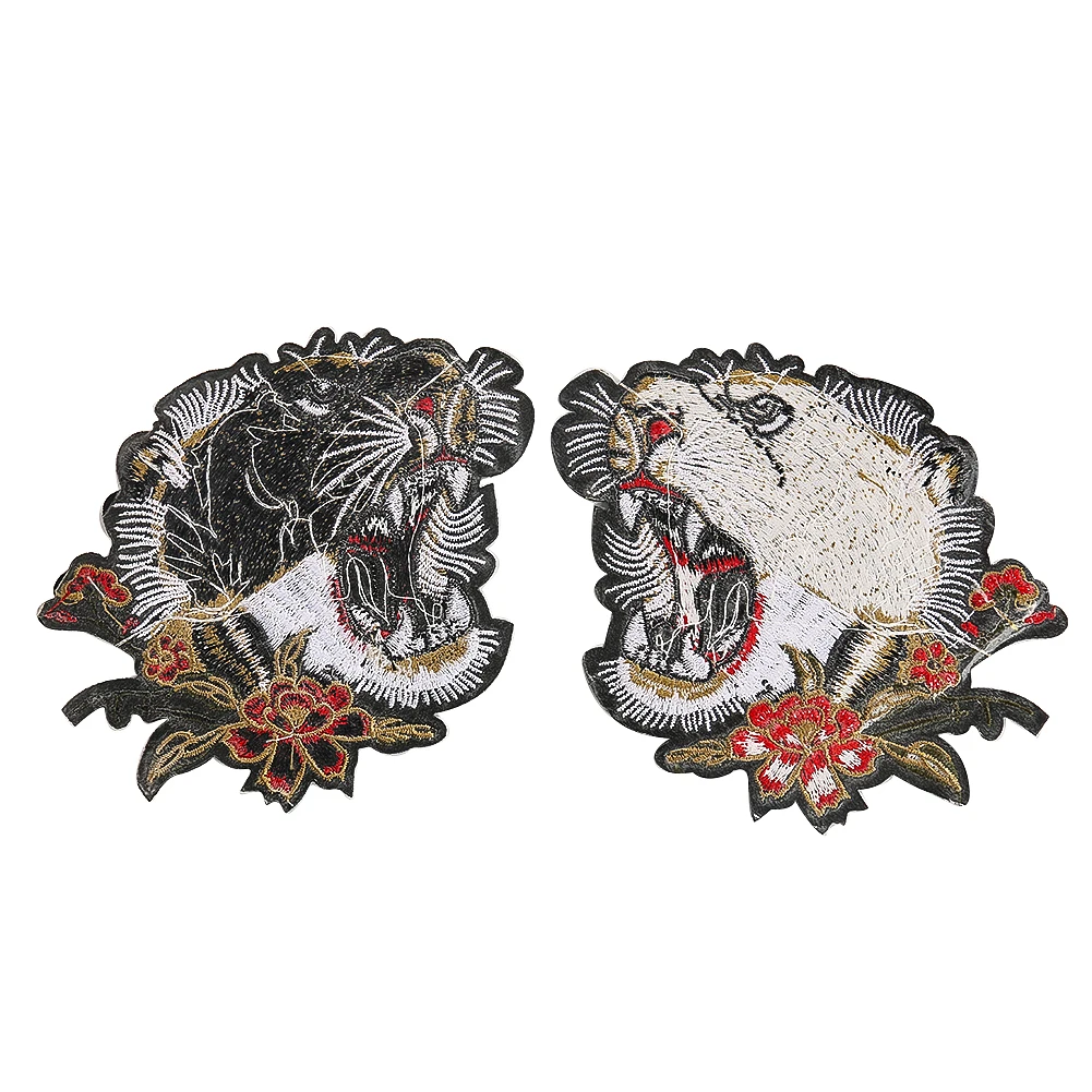 1 Pair Flower Tiger Head Patches Animal Fabric Appliques Embroidery Sequins Iron on Patch for Clothing Badges Clothes Stickers