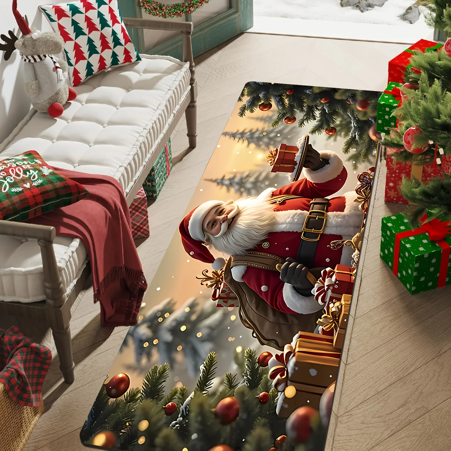 VIKAMA Santa Gift Christmas Runner Rug,Non‑Slip Long Hallway Floor Mat,Fir Branch Pine Cone Winter Scenery Carpet Corridor Decor