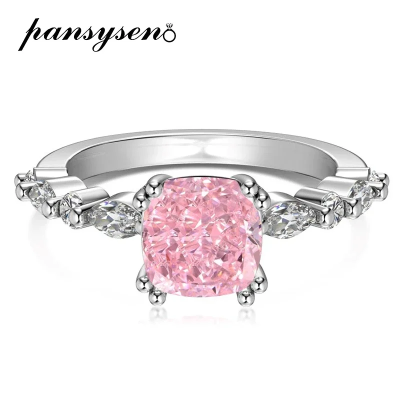 

PANSYSEN 100% 925 Sterling Silver 7MM Crushed Ice Cut Pink Sapphire High Carbon Diamond Ring Wedding Engagement Fine Jewelry