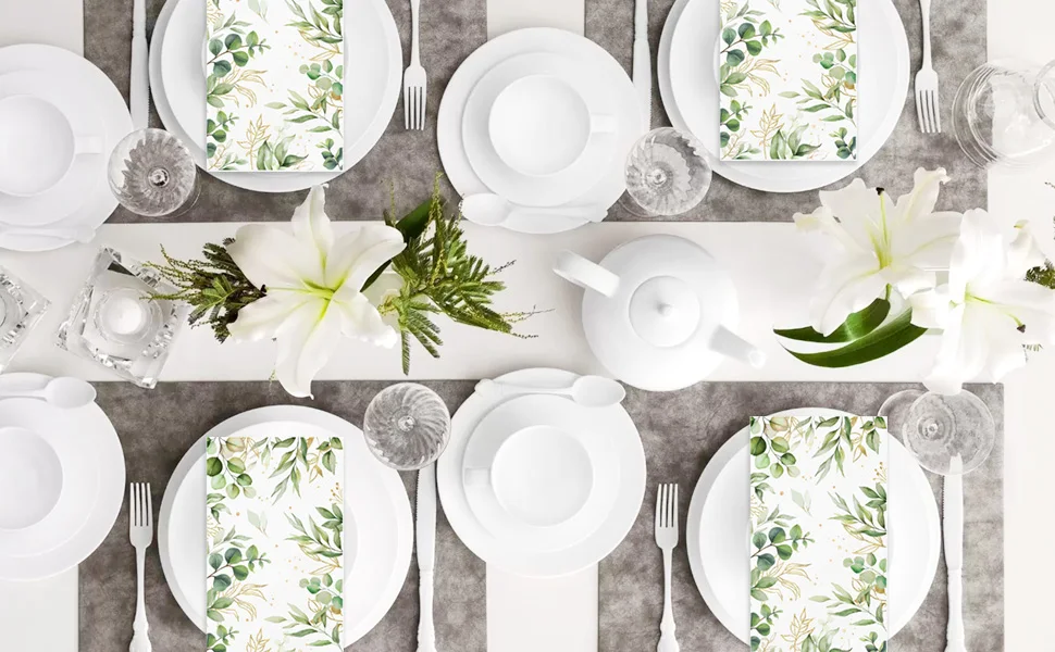 20 Stück Einweg-Handtücher mit grünen Eukalyptusblättern, Gästeservietten für Brautparty, Hochzeit, Geburtstag, Frühlingsfeier – Detail 4