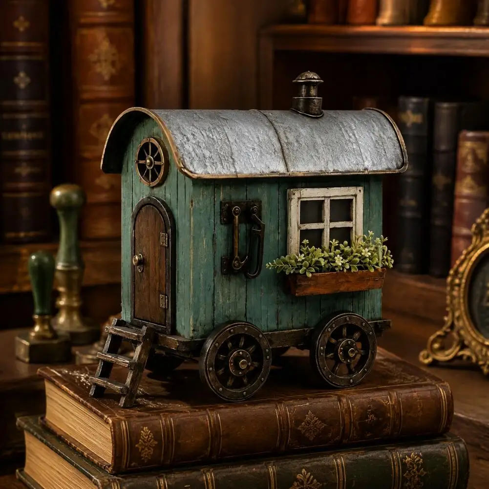 Vintage Mini RV Statue Resin Retro Campervan House Figurine Farmhouse Style Ornament for Indoor Tabletop Window Sill Outdoor