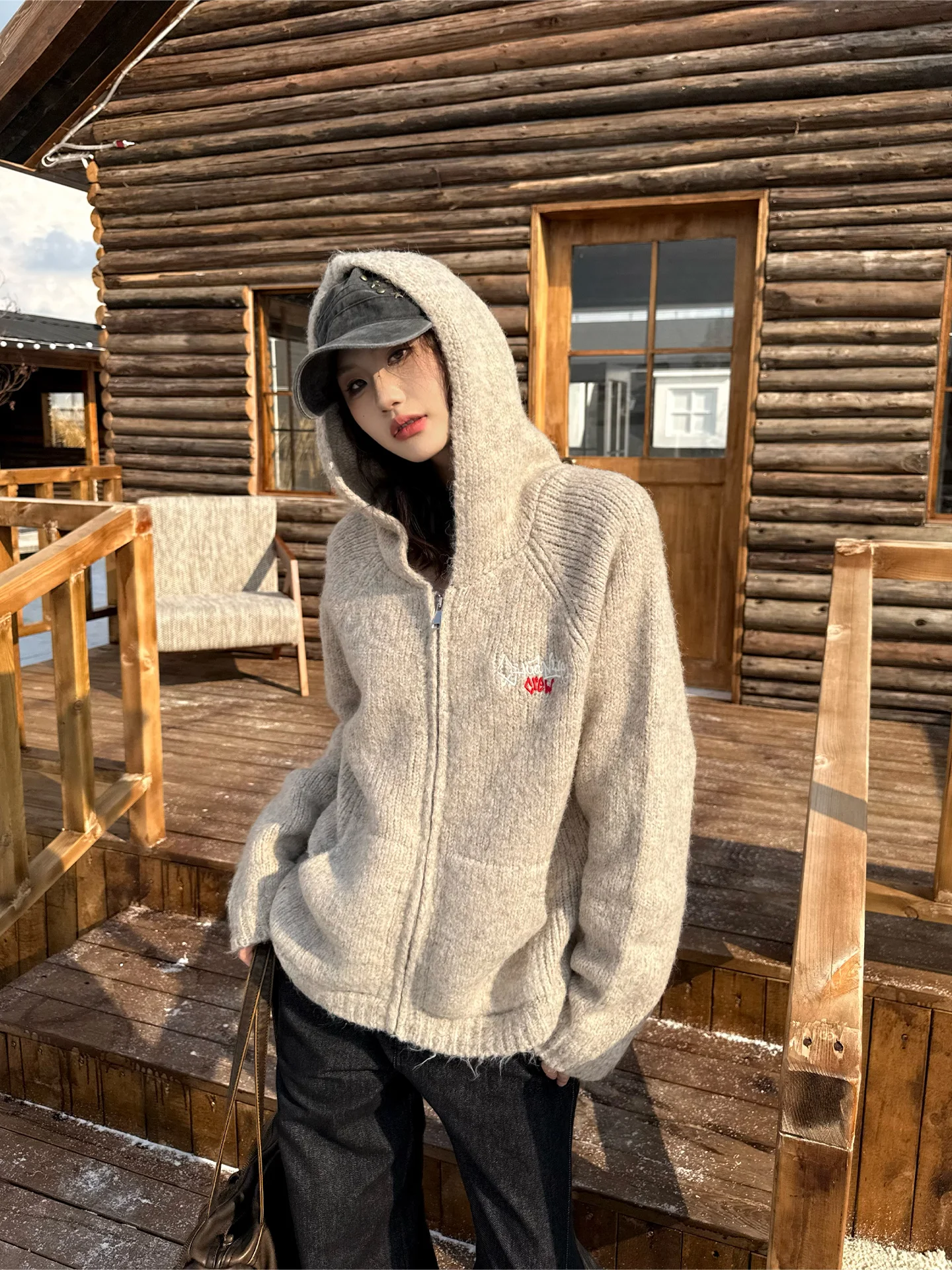 

Don Cry Women's Wool Blend Knitted Cardigan Sweater with Embroidery Hooded Warm Autumn Winter New Sle Street Faion Loose Fit
