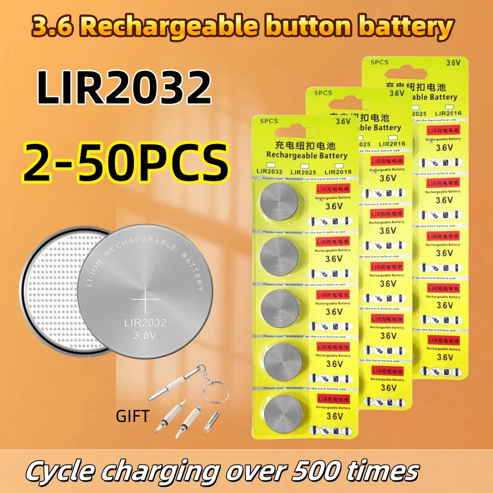 2-50 Uds LIR2032 batería recargable conveniente 2032 carga de litio puede reemplazar 3,6 v 40mAH CR2032 para relojes batería de moneda