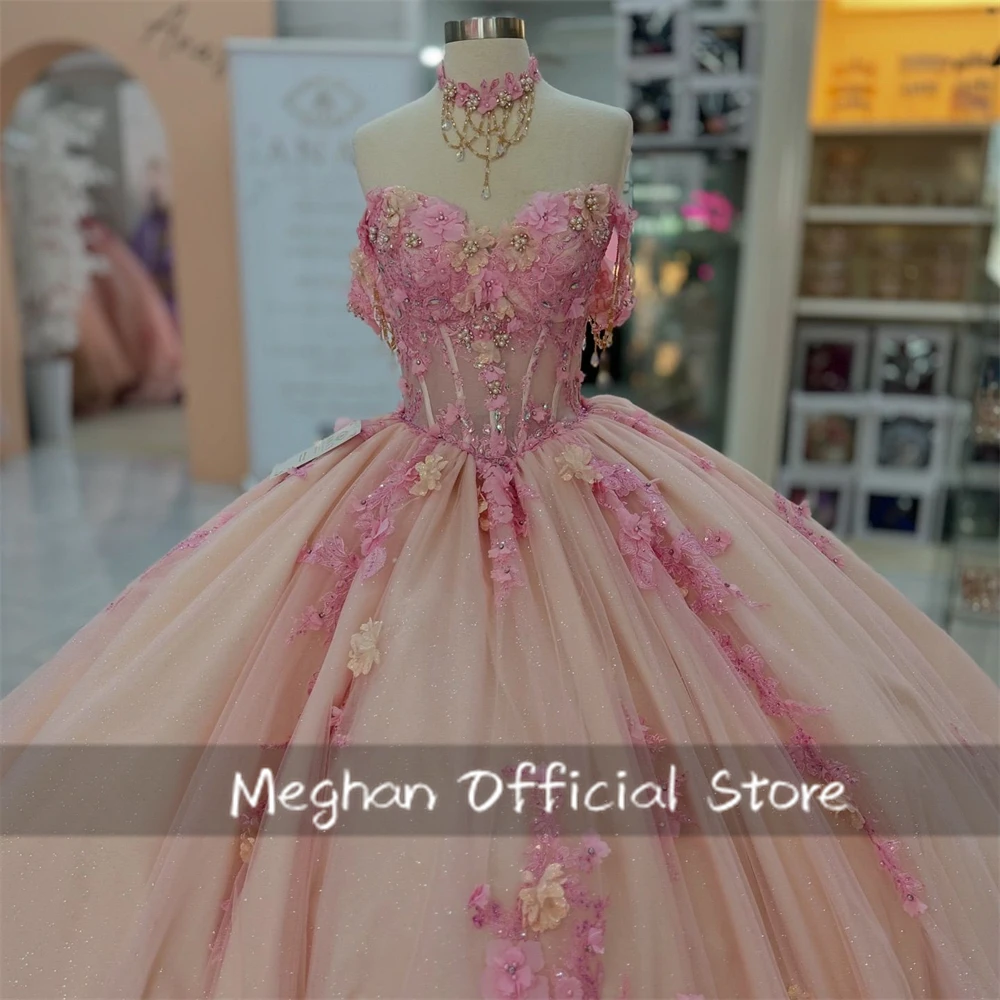 Vestido de quinceañera rosa con lazo y hombros descubiertos, traje de baile con apliques de cuentas, vestido de lujo de cumpleaños, vestido de princesa de flores 3D personalizado, 2025