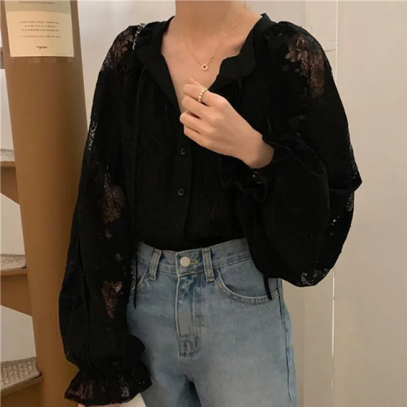 Autumn Hook Hollow Flower Blouse Lace Sexy Casual Lantern Long Sleeve Loose Shirt Fashion Lace-up Black Tops Elegant 10202