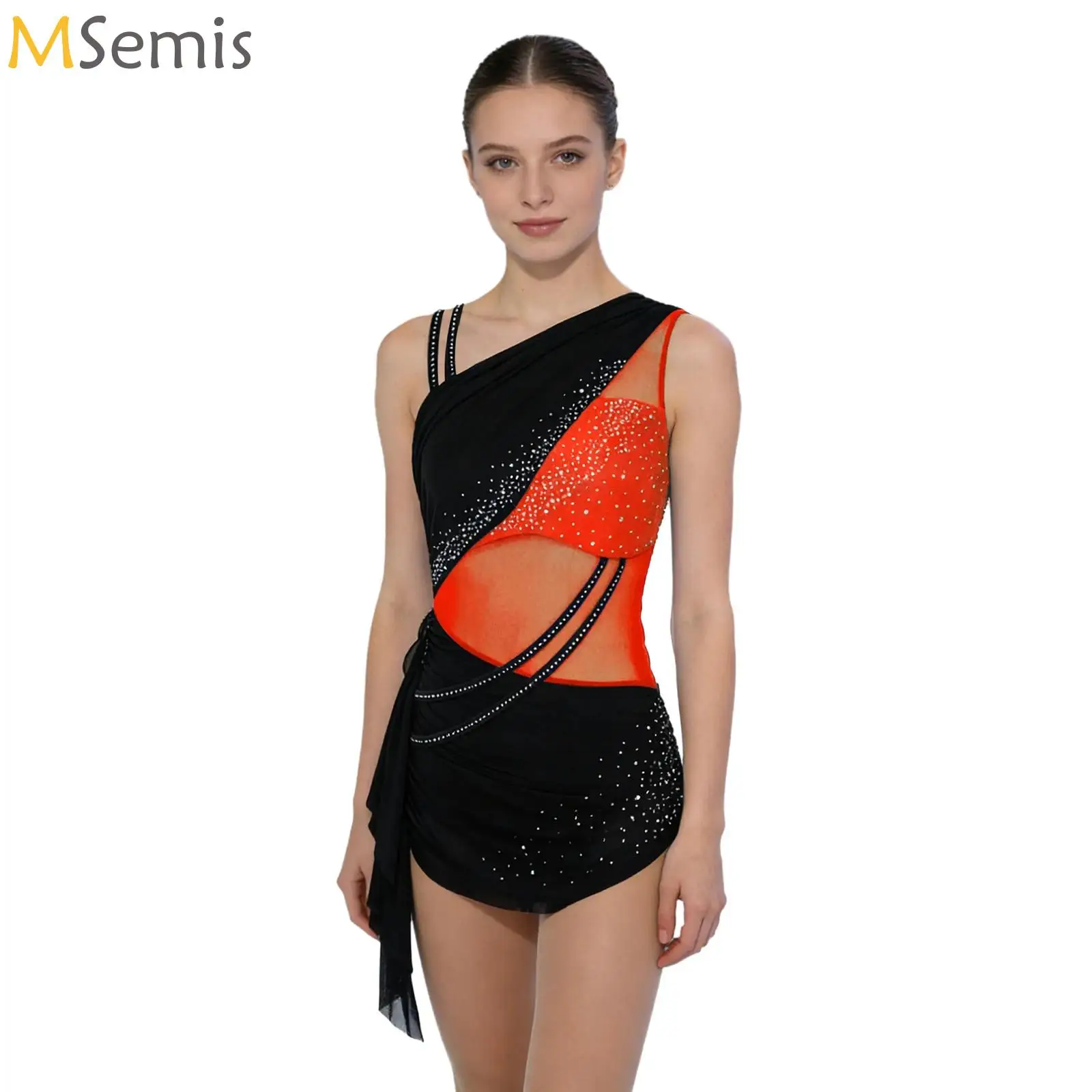

Women's Color Block Figure Skating Bodysuit Asymmetrical Shoulder Rhinestone Ruched Skirted Leotard Dress for Gymnastics Latin