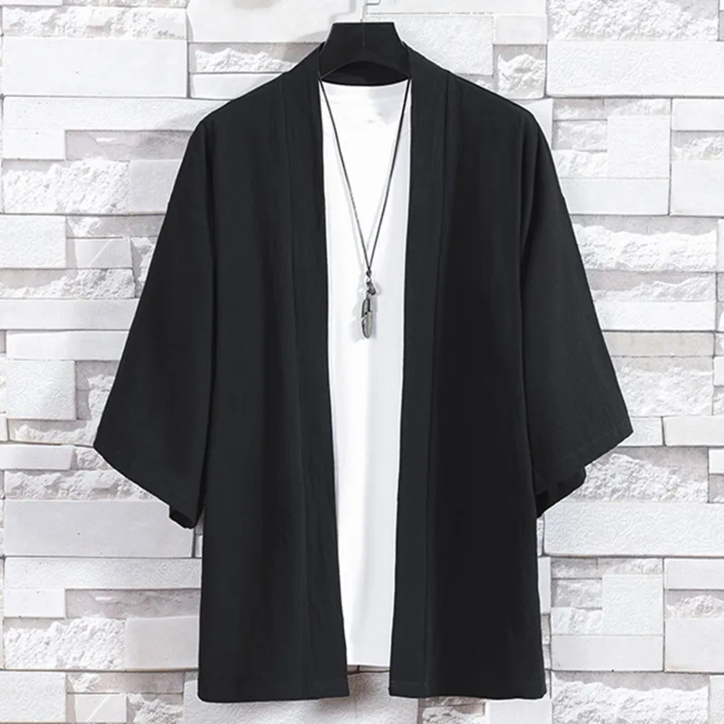 Lightweight and breathable men's kimono cardigan, Japanese jacket, casual cotton 3/4 sleeve shirt, cardigan, light linen yukata