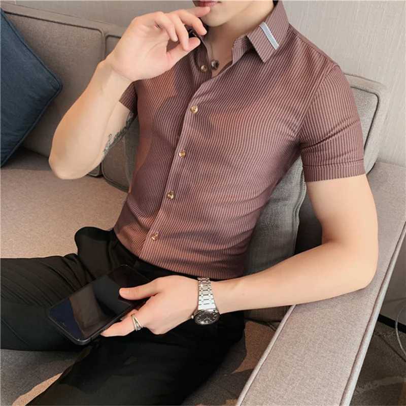 

Summer High Quality Striped Ribbon Short Sleeve Shirt Men's Slim Fit Business Formal Wear Blouse Streetwear Plus Size 4XL-M