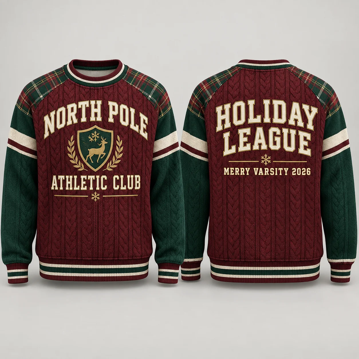 Christmas 3D Sublimation Faux Knit Crewneck Sweatshirt North Pole Athletic Club Plaid Shoulder Gold Shield Unisex Holiday Top