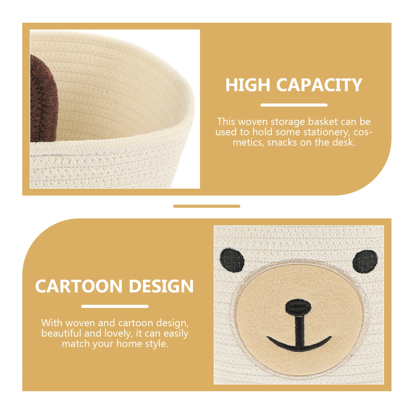 

Cotton Rope Woven Storage Basket Cartoon Bear Pattern Desktop Organizer Sundries Makeup Snacks Holder Woven Basket