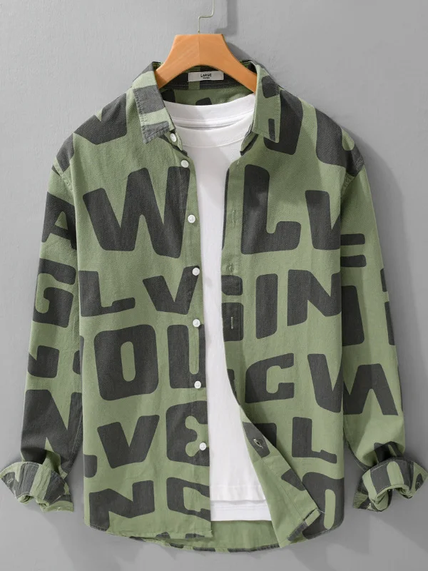 

Мужская летняя повседневная рубашка с длинным рукавом, ретро-дизайн, с буквенным принтом, модная, хлопковая, городской стиль, износостойкая.