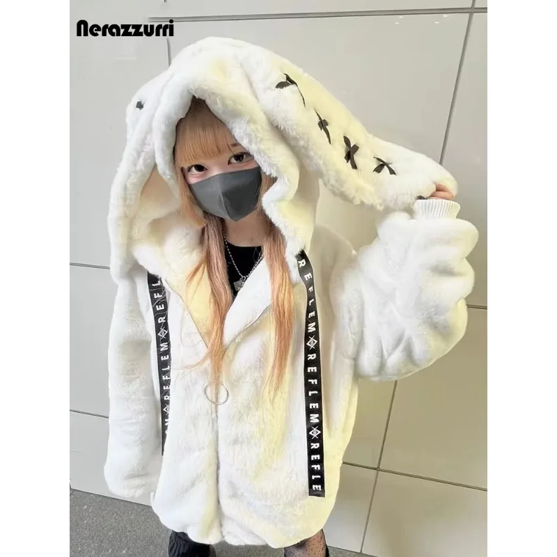 

New winter sweet and cute kawaii soft thick warm white faux fur coat, women with rabbit ears cute plush jacket hoodie