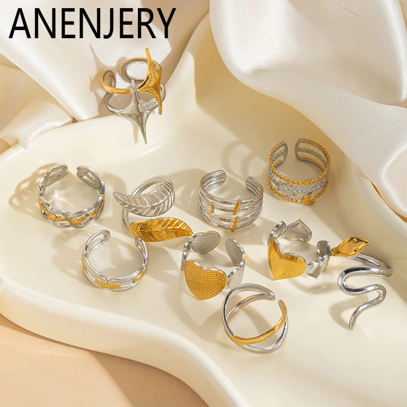 ANENJERY 316L Stainless Steel Heart Star Snake Lines Geometry Open Ring For Women Men Simple Niche Delicate Jewelry Gifts