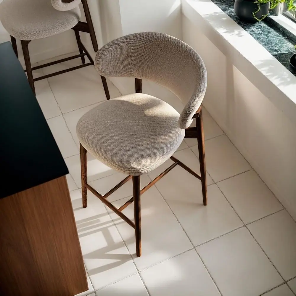 2 Century Walnut Dining Chairs, Wood Arm Beige Fabric Kitchen Cafe Living Room Decor Furniture with Open Back Wooden Side Chairs view 4