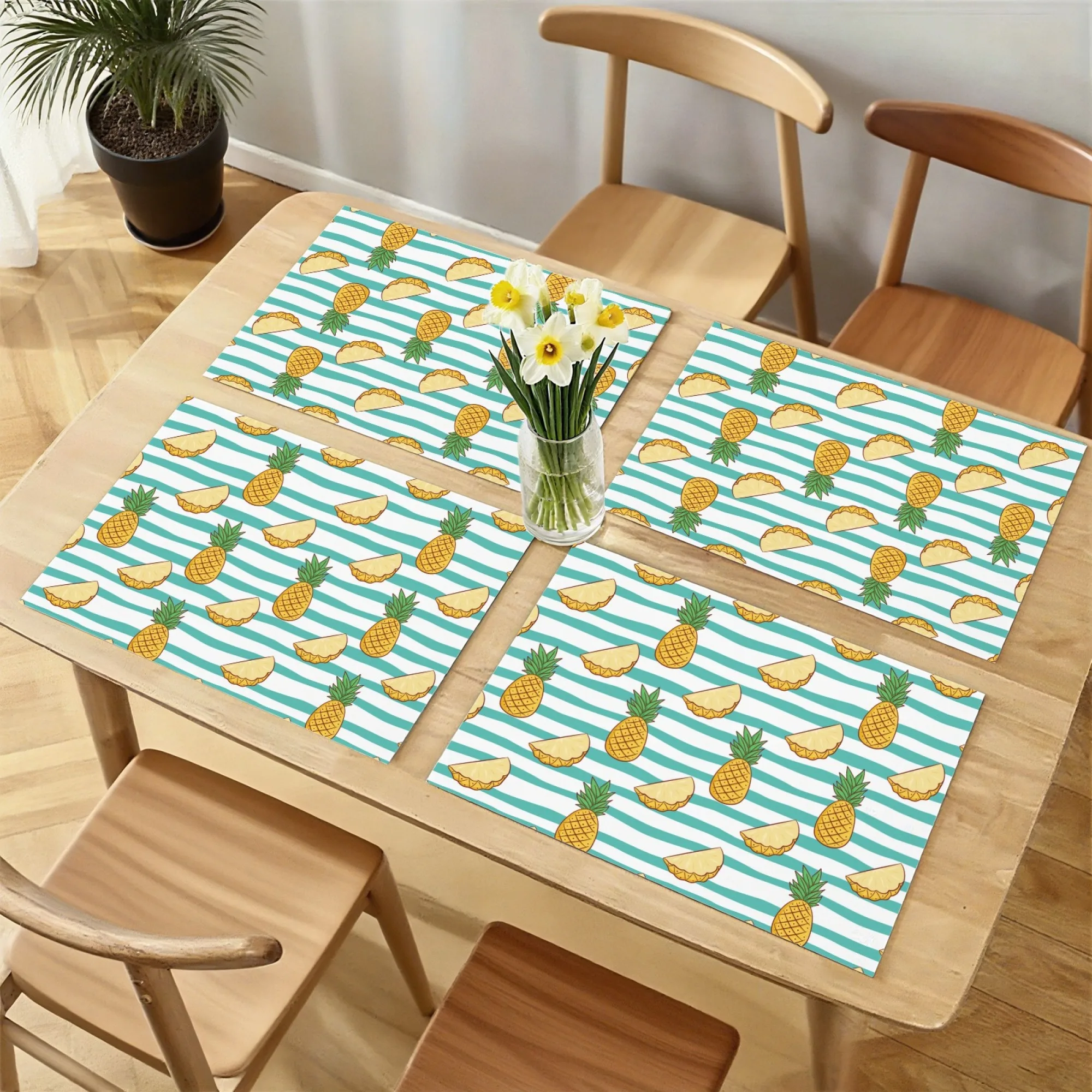 

4 Pcs Set Classic Summer Rural Fresh Blue White Pineapple Placemat Striped-Based Lively Elements Coffee Shop Table Decor Mat