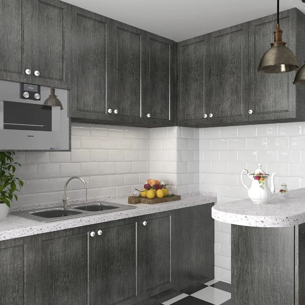 ورق جدران قابل للتقشير واللصق من الخشب الرمادي المزخرف المقاوم للماء للمطبخ، مقاس واسع 32 × 354 بوصة