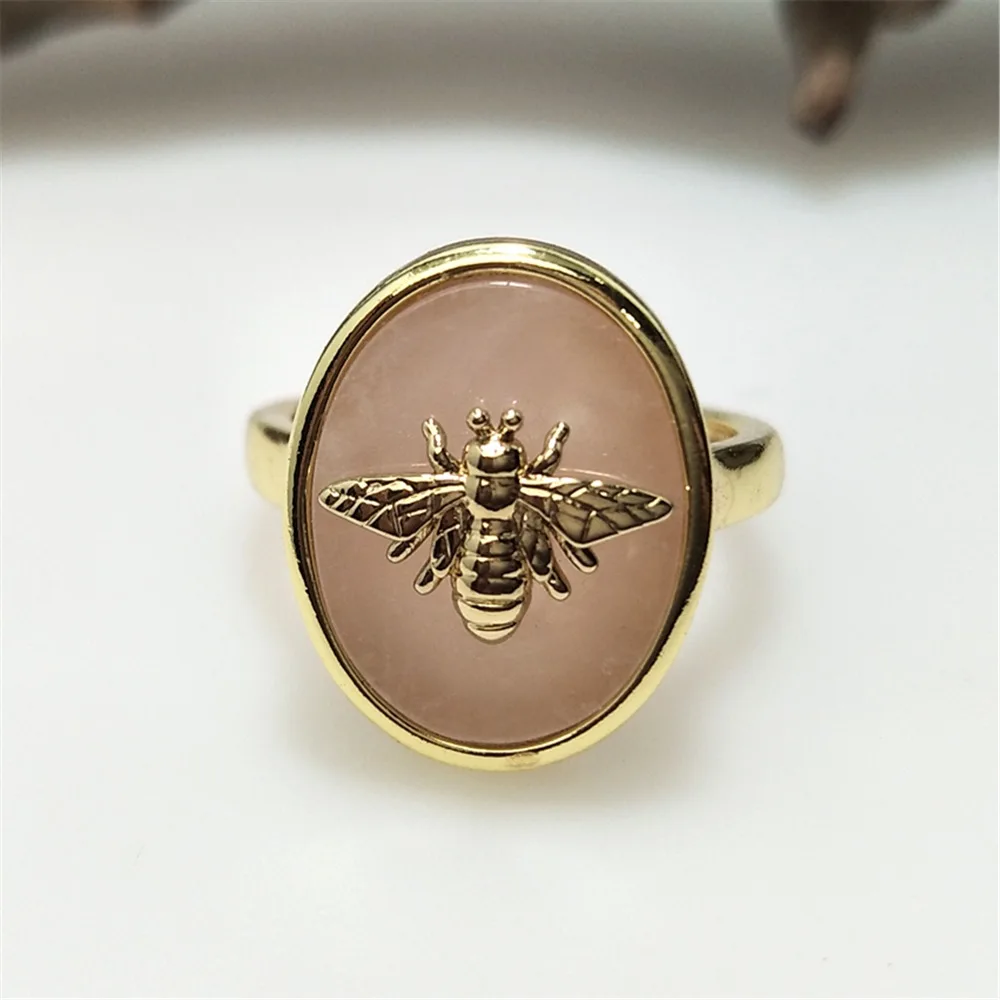 Hot 1Pcs Natural Stone Bee Ring, Golden Plated Oval Rose Quartz&Amazonite Adjustable Ring, Ideal Valentine\'s Day Gift RG103