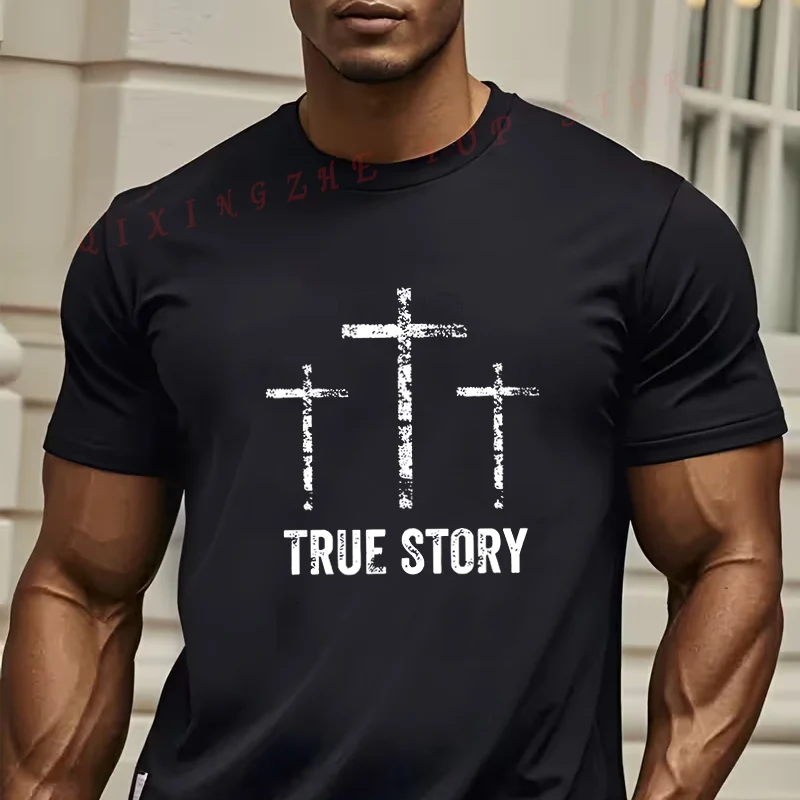 

Мужская футболка с графическим принтом True Story Cross — черно-белая футболка оверсайз с принтом X, круглым вырезом и короткими рукавами, повседневный топ
