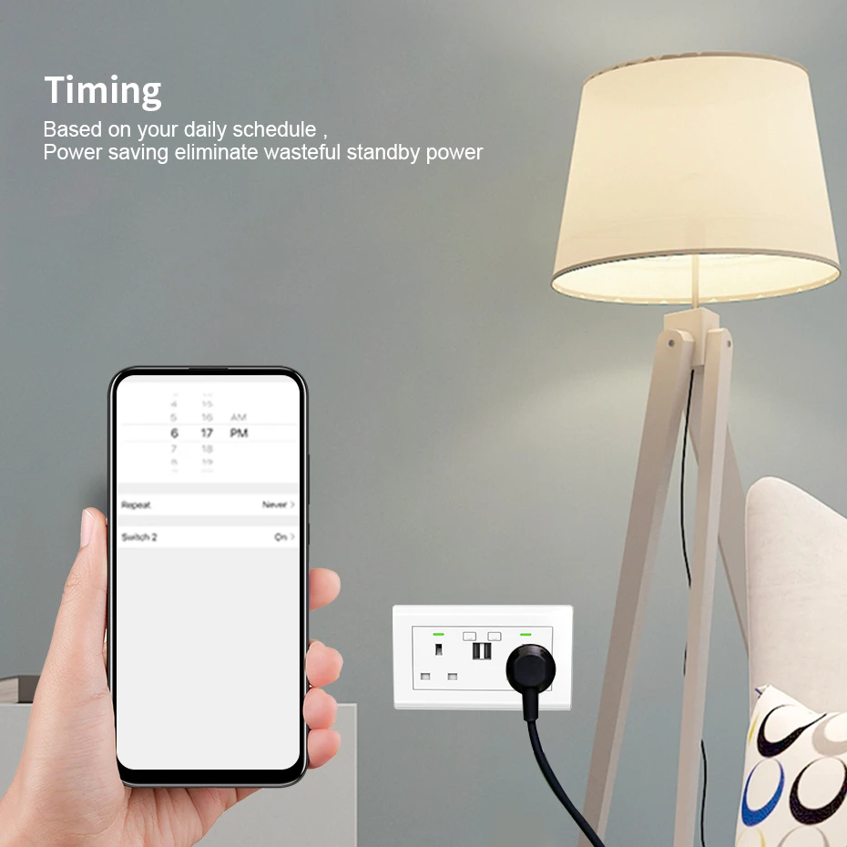 UK Tuya WIFI Smart Wall Socket USB Plug Ports Charger 10A Multiple Plugs with Two Usb Remote Control Work with Alexa Google Home