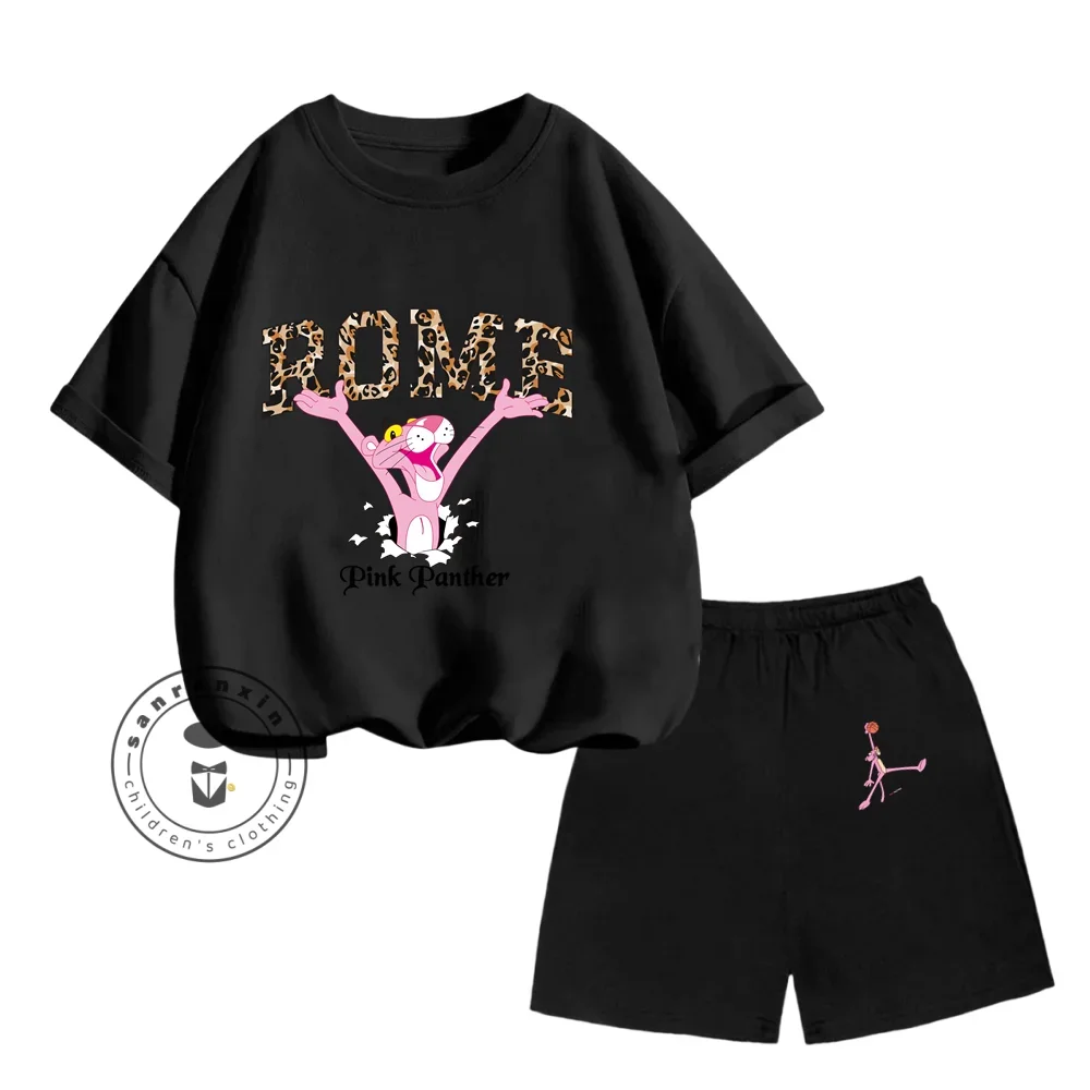 Повседневный комплект из хлопкового футбольного трикотажа и шорт для детей с принтом розовой пантеры, летняя одежда унисекс