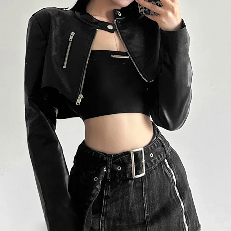 

Goth Dark Zipper Cyber Gothic Y2k Crop Jackets Grunge Punk Style Faux Leather Coats Female Fashion Streetwear Irregular Hem Coat