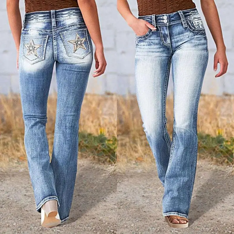 

Women's Embroidered Slim Fit Jeans High Quality Elastic Straight Leg Stretchy Long Natural Waist Deep Color Denim Fabric Folded