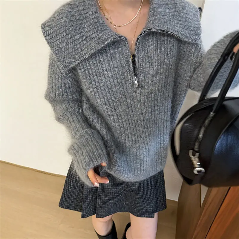 

Вязаный топ с воротником-поло на молнии, женский осенне-зимний новый модный дизайн, утягивающий темпераментный свитер