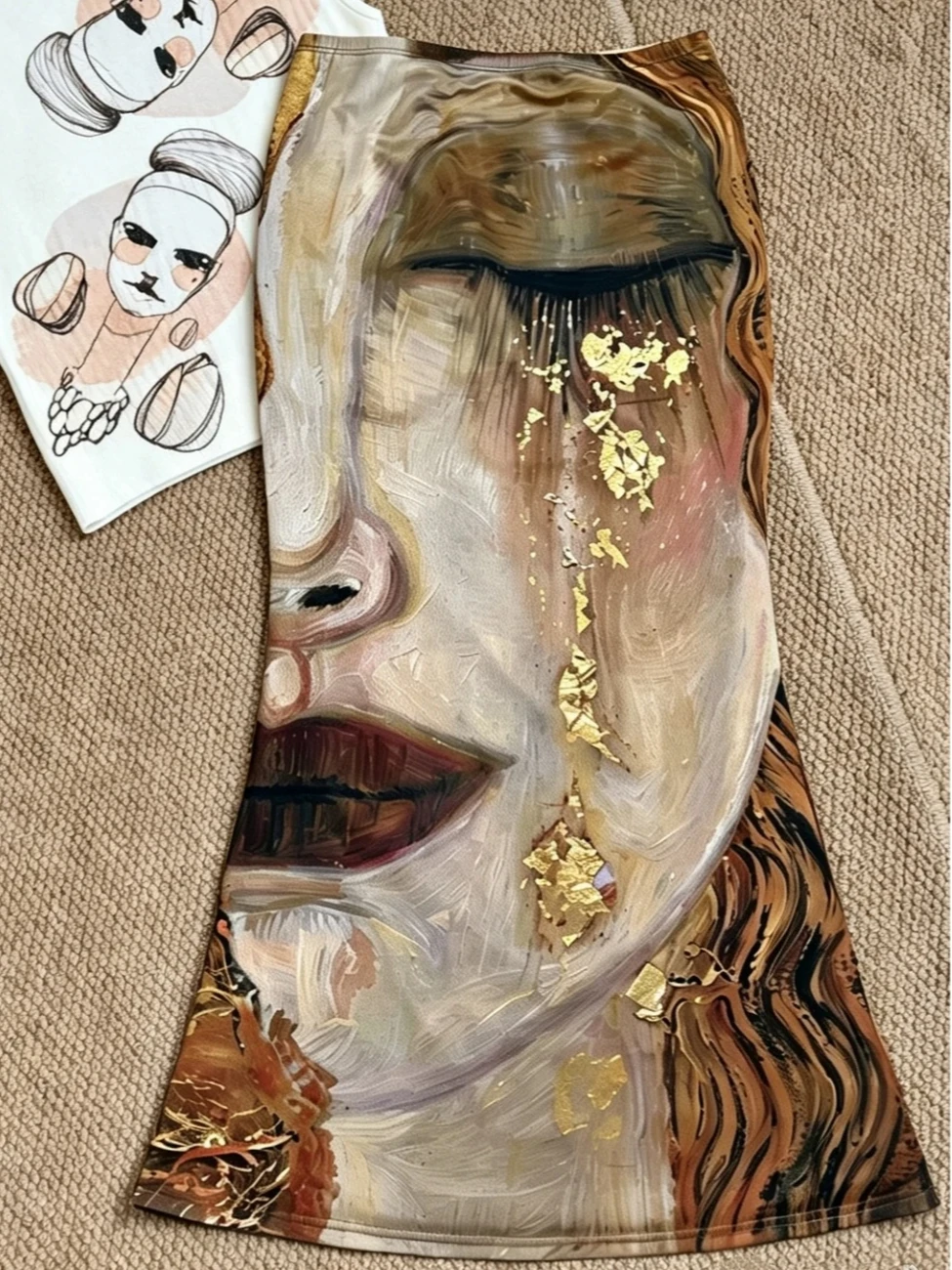 New Chinese-style Retro Niche Art Portrait Print Oil Painting with Gold Foil on A Fish-tail Half-length Skirt for Autumn