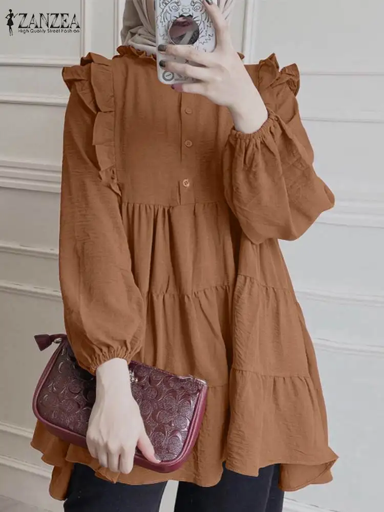 Women Elegant Long Sleeve Ruffles Blouse ZANZEA  Spring Summer Muslim Tops Stylish Flounce Hem Shirt Ramadan Abaya Turkey Blusas