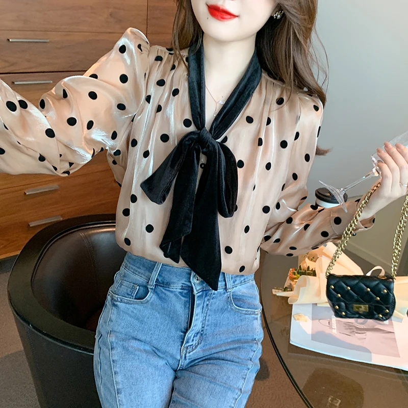 2025 Spring New blouses Korean fashion Polka Dot Women's Clothing Bow Tie Long Sleeve Shirt for Women OL Casual Base Layer Tops