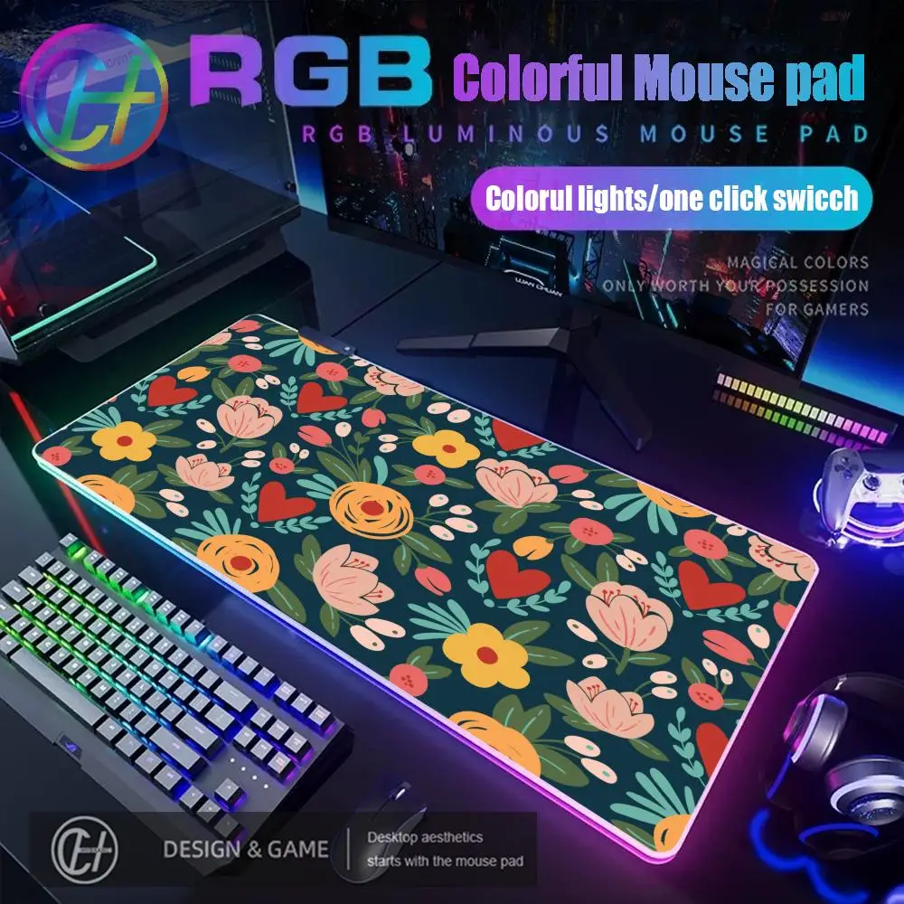 

80X40CM HYBXAXC Gamer Green & Floral Mouse Pad RGB Gaming Mouse Pad Desk Mat HD Gamer Large LED Light XXL 100X50CM Mouse Pad