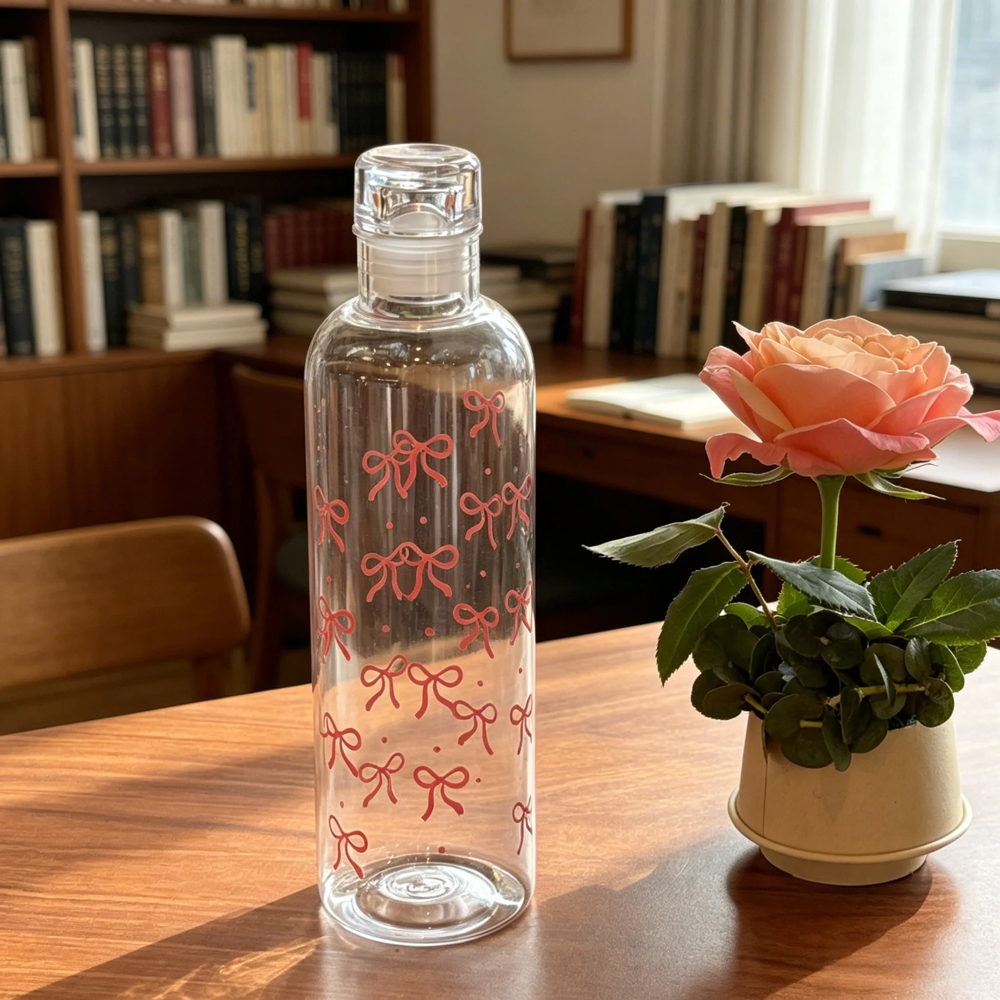 500ML Clear Straight Sip Water Bottle with Bow, Heart & Daisy Prints, Minimalist Large Capacity Leakproof Reusable Cup for Ice D - view 3