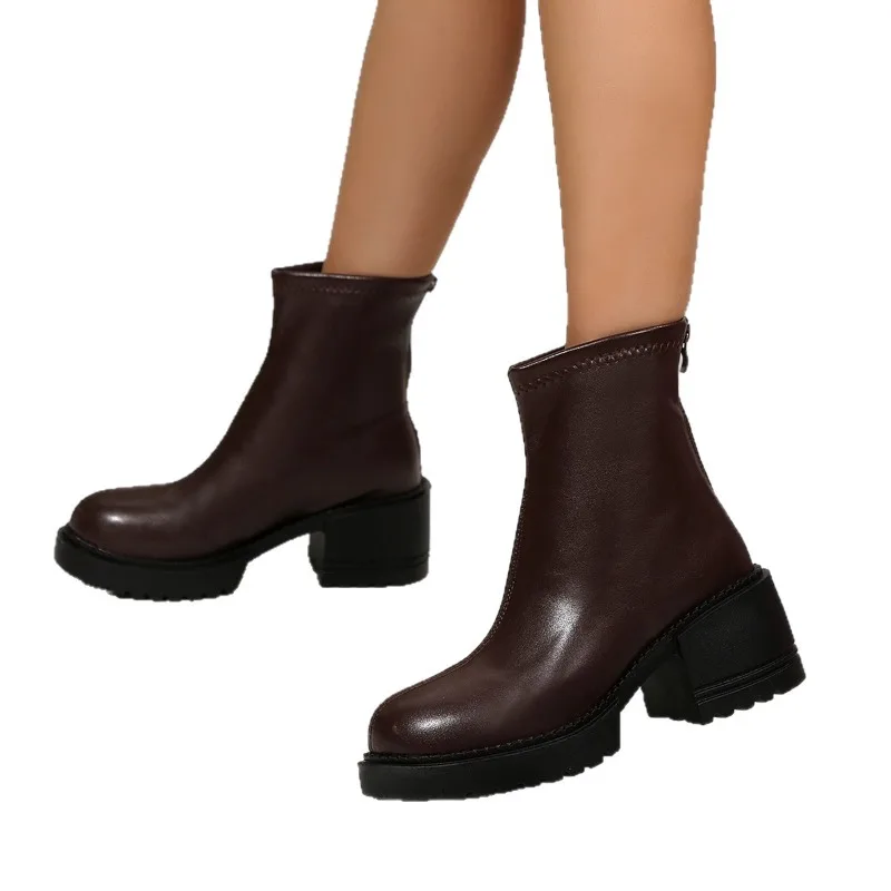 Fashion Thick Heels Ankle Boots Women 2026 Back Zipper Plus Size 35-42 Pu Leather Boots Woman Round Toe Platform Booties Mujer