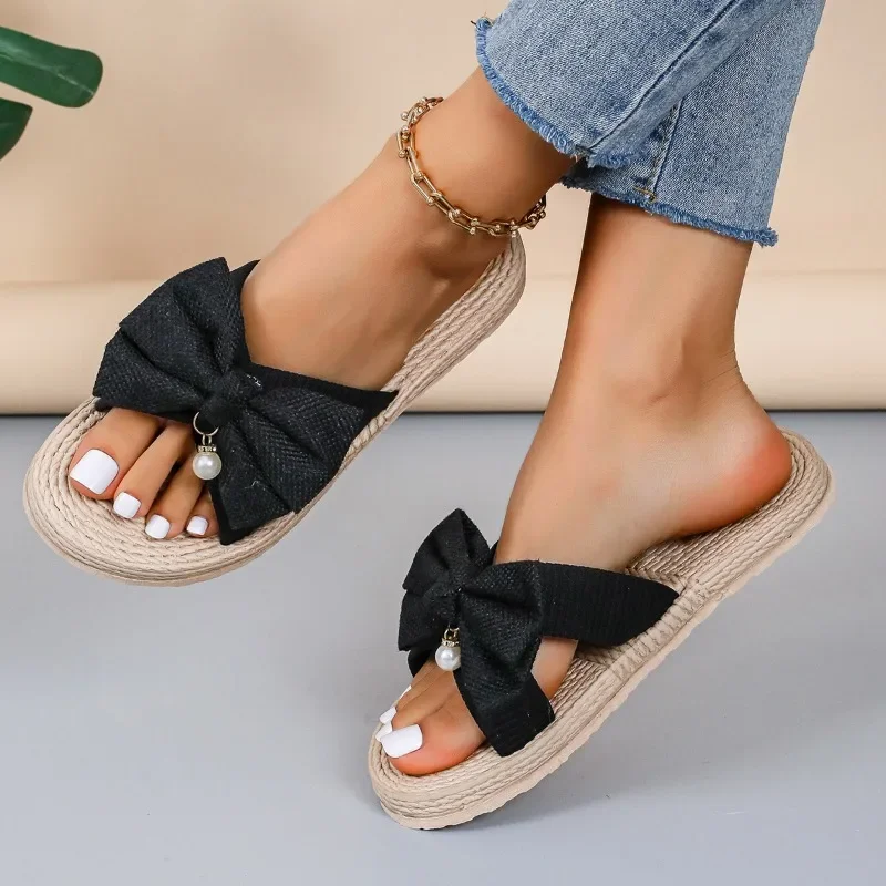 Women\'s Artificial Straw Sole Shoes 2024 Summer Designer Bow Flat Weave Beach Flip Flops Ladies Light Slippers Zapatos De Mujer