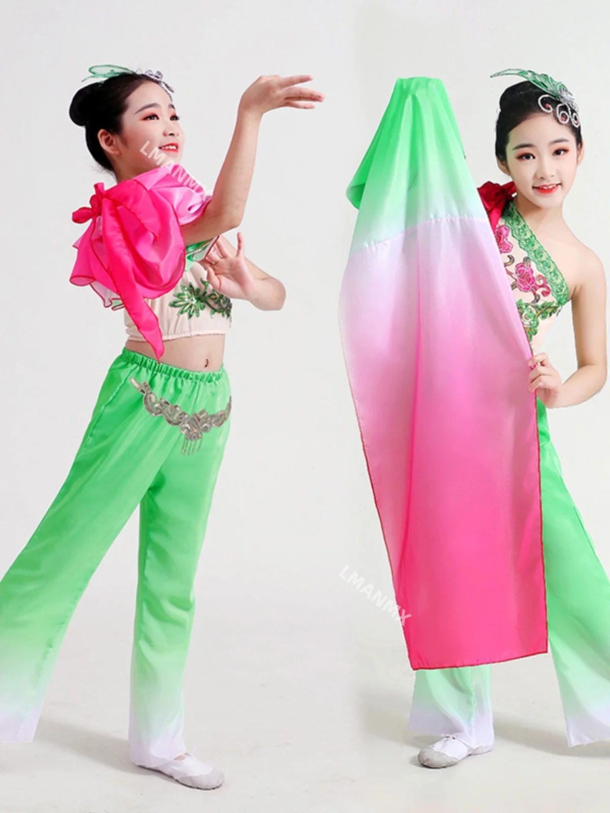 Único ombro manga comprida clássico estilo chinês dança étnica traje de dança infantil