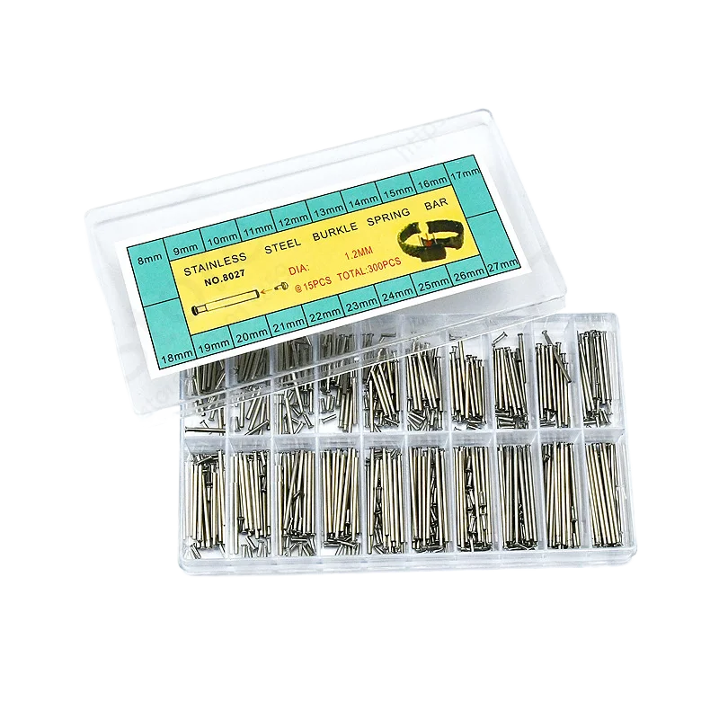 300pcs Assorted Sizes 8mm-27mm Stainless Steel Watch Band Friction Pins Set with 1.2mm for Clasps Burkle Spring Bars