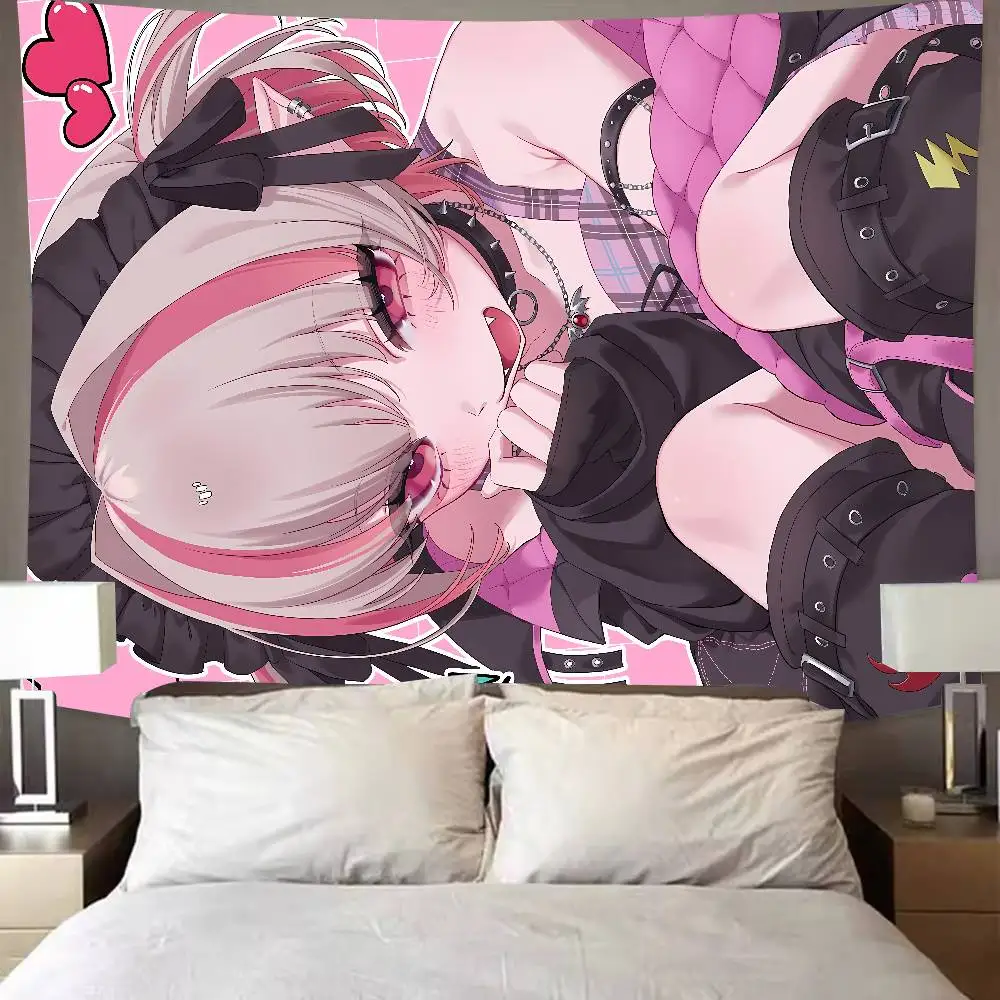Y2K Pastel Goth Anime Girl Tapestry, Cute Elf Girl With Pink Grid Background Wall Hanging, Kawaii Dark Aesthetic Wall Decor