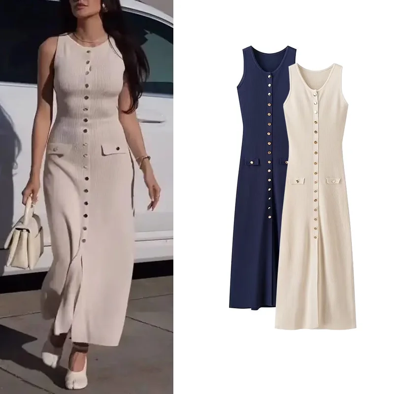 Spring New Sle Evening Gown Vest Long Dr Commute round Ne Svel Straight Slim Knitted Dr Women's Faion