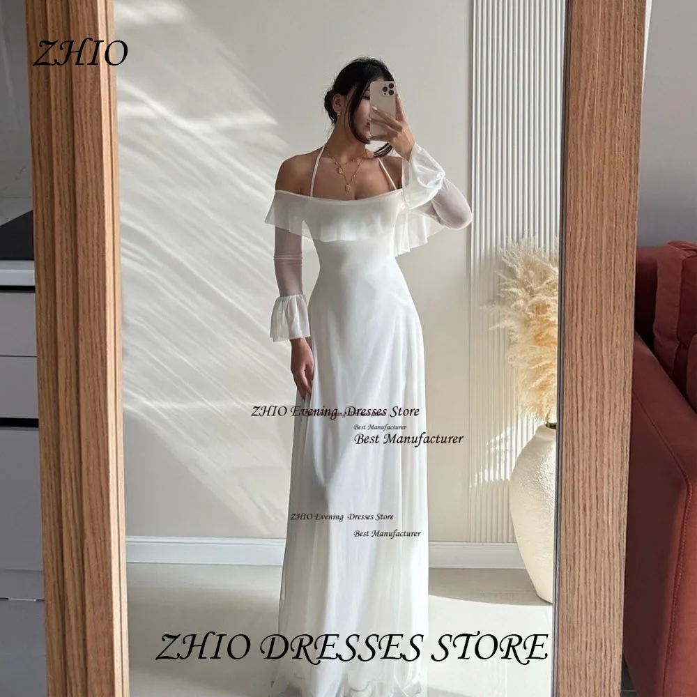 

ZHIO New Design Organza Illusion Evening Gown Off Shoulder Ruched A Line Party Dress Long Sleeve Prom Gown for Women Customized