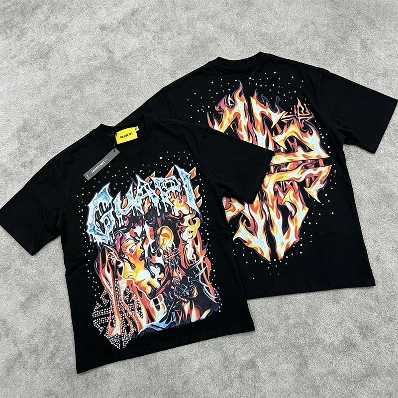 2026 Summer New GUAPI Men T Shirt Drip Letter Flame Portrait Rhinestone Loose Short Sleeve Street Tee
