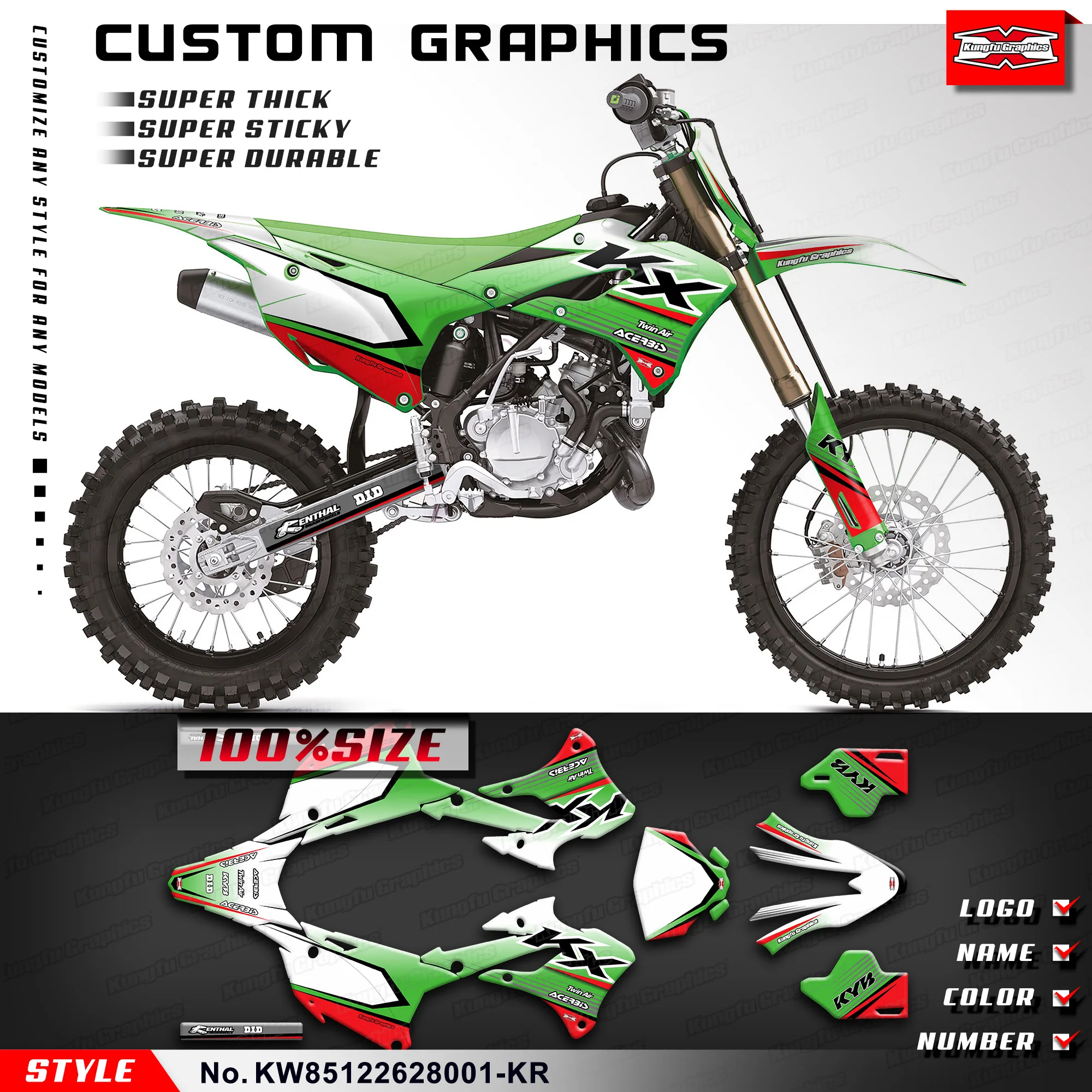 KUNGFU GRAPHICS Adhesive Sticker Motorcycle Decal for Kawasaki KX 85 KX 112 KX85 KX112 2026 2027 UV Resistant Laminate Protector