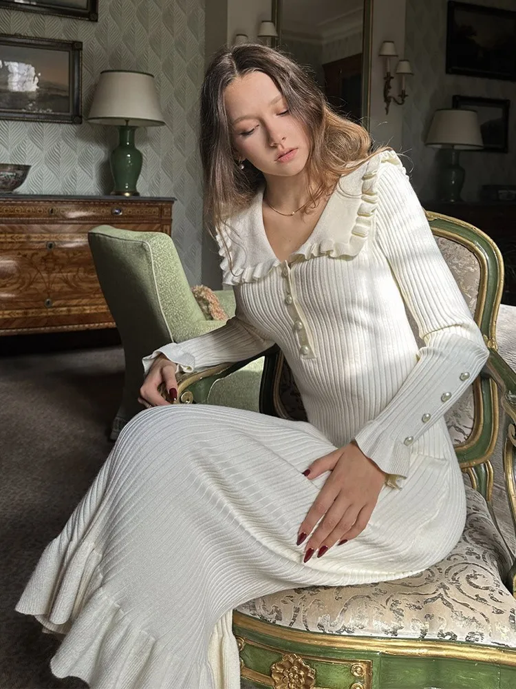 Nieuwe herfst winter vintage Franse gegolfde lange mouwen dames gebreide jurk, elegante bodycon dame trui jurk vestidos