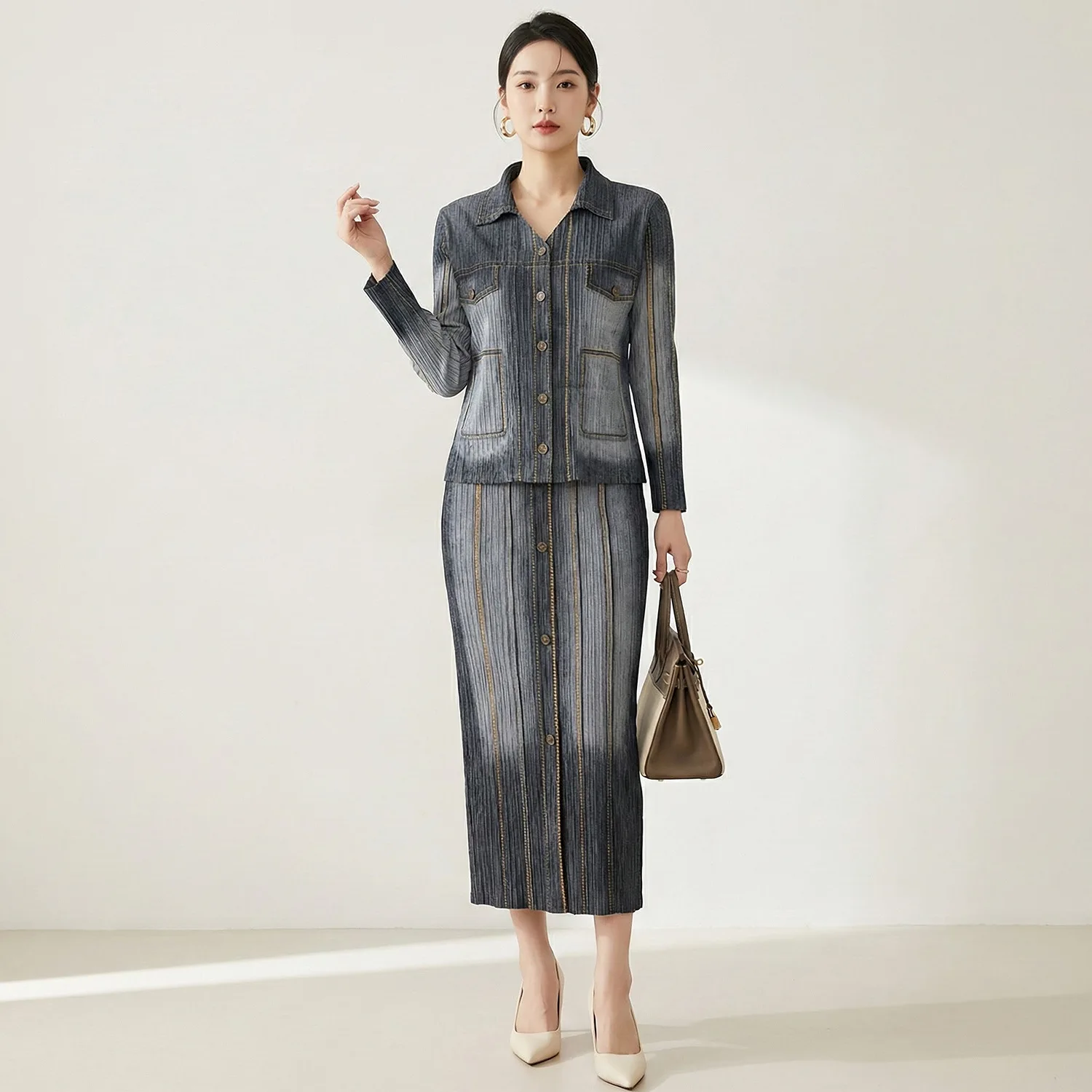 Women's premium denim two-piece suit, featuring a retro gradient cardigan paired with a midi skirt, a fashionable retro style fo