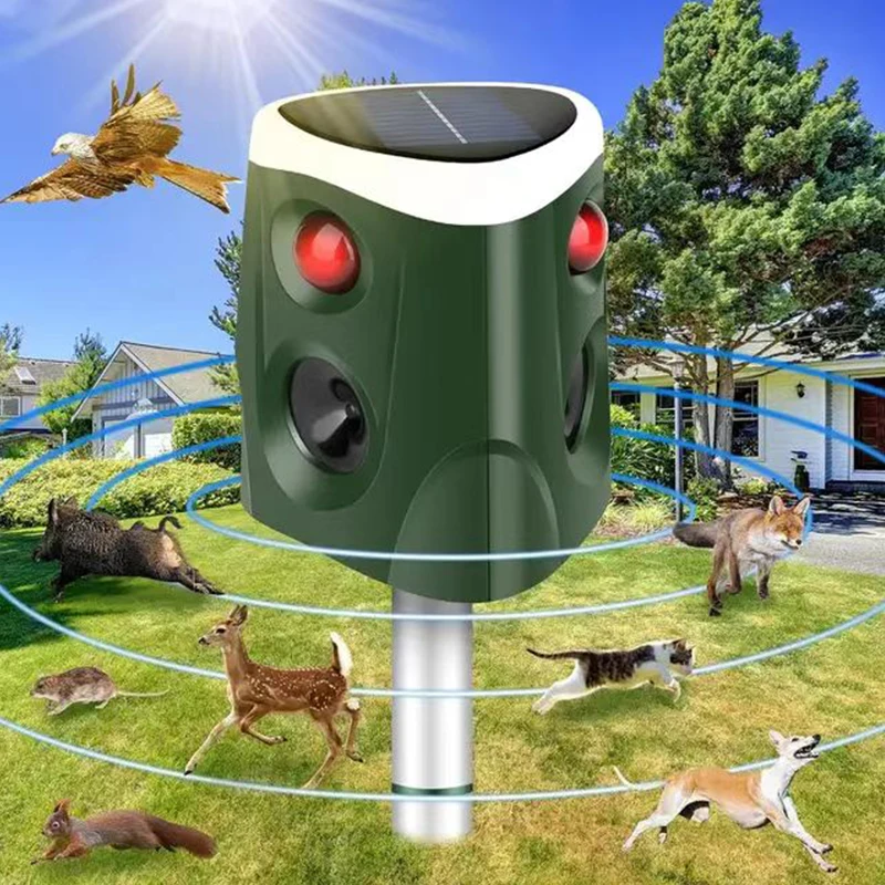 Ahuyentador de Animales Solar para Exteriores, Alarma Ultrasónica de 360 Grados, Luz LED Intermitente, Repelente de Ratones, Zorros y Pájaros para Jardín, Granja y Patio