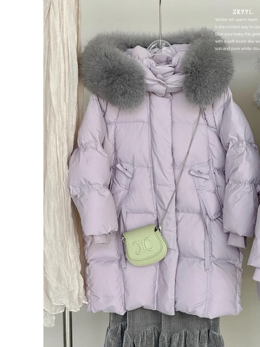 

Зимняя утепленная хлопковая куртка для девочек с капюшоном и большим меховым воротником, повседневное модное детское теплое пальто в корейском стиле с длинными рукавами